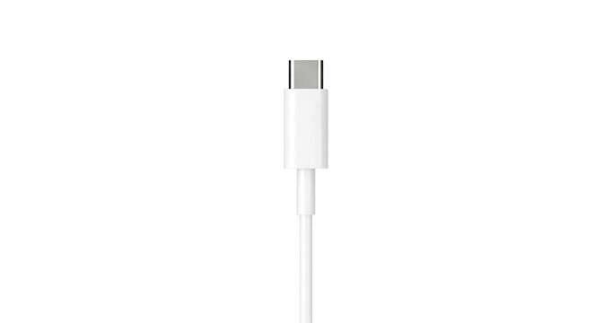 4k Resolution Video: Charging Cable Concept. White USB-C Connector With Slim Cable, Metallic Tip, Minimal Product Detail Seamless Loop Rotating On White Background With Alpha Matte