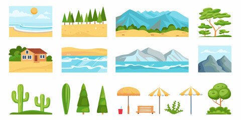 Illustrated Landscape Elements With Trees Cactus And Beach Scenes © MihirKumarMondal