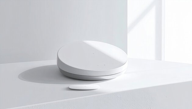 Modern white smart home device on minimalist shelf.