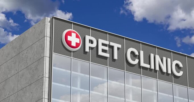 4k Resolution Video: Veterinary Healthcare Concept. Modern Pet Clinic Building With a Large PET CLINIC Sign On Blue Sky Animated Clouds Background