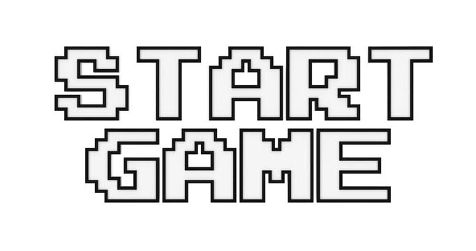 4k Resolution Video: Retro Pixel Start Game Concept. White Pixel Blocky Arcade Text With Black Outline In Old Computer Game Style Animated On White Background With Alpha Matte