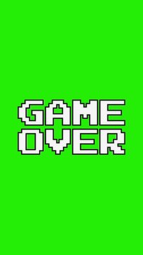 4k Resolution Vertical Video for Social Media:  Retro Pixel Game Over Concept. White Pixel Blocky Arcade Text With Black Outline In Old Computer Game Style Animated On Green