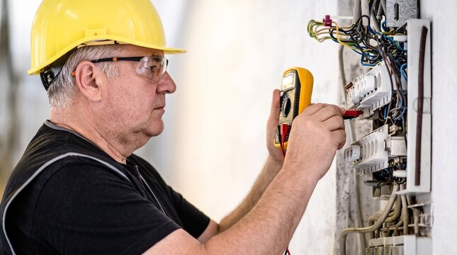 Professional Electrician Testing Residential Electrical Panel with Digital Multimeter During Installation and Maintenance