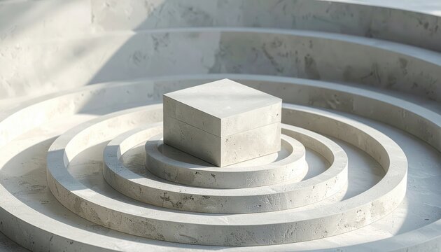 Minimalist Concrete Spiral Sculpture with Central Cube.
