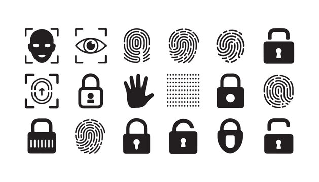 Various biometric and security icons representing face eye fingerprint scanning and password protection.