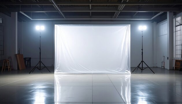 Empty Studio with White Cyclorama Wall and Professional Lighting.