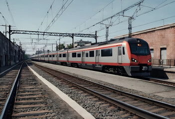 Fototapeta premium Modern passenger train arriving at a station platform with overhead power lines and urban buildings, Industrial buildings and brick architecture line the railway tracks, creating an urban landscape