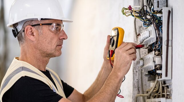 Experienced Electrical Technician Inspecting Circuit Breaker Panel Using Multimeter in Building