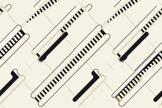 Seamless pattern of stylized piano keys and musical staff lines arranged in a diagonal geometric composition on a light cream colored background