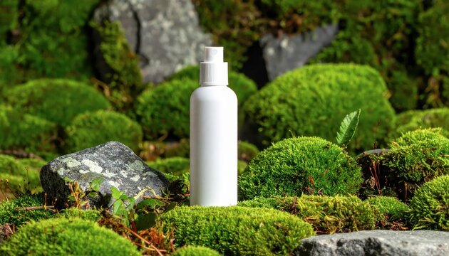 White Bottle on Lush Green Moss with Waterfall Background.