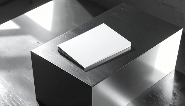 Minimalist white book on geometric metal surface.