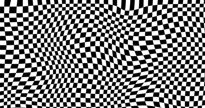 4k Resolution Video: Optical Illusion, Visual Distortion, Digital Motion, Psychedelic Pattern And Dynamic Wave Concept. Trippy Warped Black And White Animated Checkerboard Background