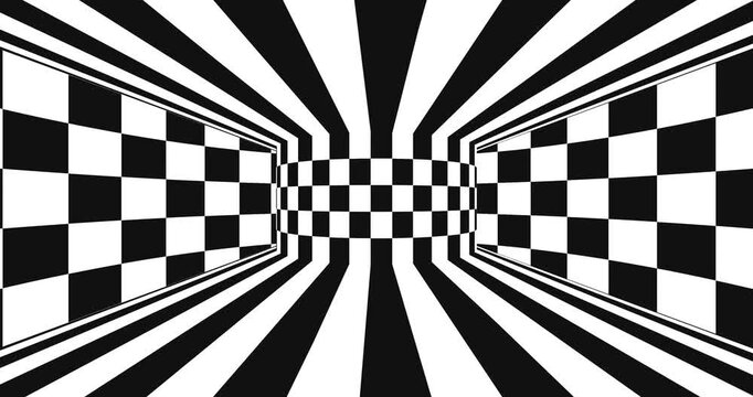 4k Resolution Video: Optical Illusion Retro Game Concept. Black And White Checkerboard Tunnel With Distorted Perspective, Geometric Pattern And Hypnotic Depth