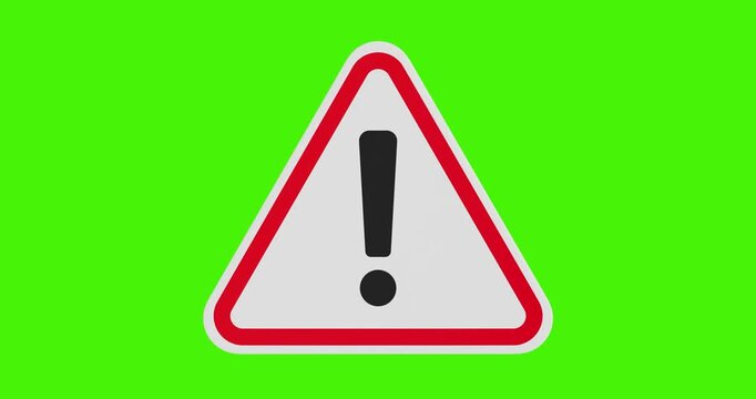 4k Resolution Video: Warning Sign Concept. Red Triangle With Black Exclamation Mark Animated On Green Screen Chroma Key Background With Alpha Matte
