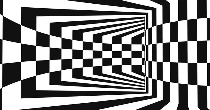4k Resolution Video: Optical Illusion Retro Game Concept. Black And White Checkerboard Tunnel With Distorted Perspective, Geometric Pattern And Hypnotic Depth
