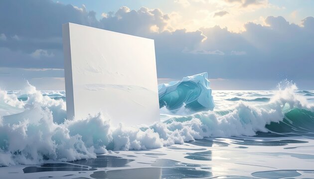 Futuristic White Portal Over Ocean Waves and Icebergs.