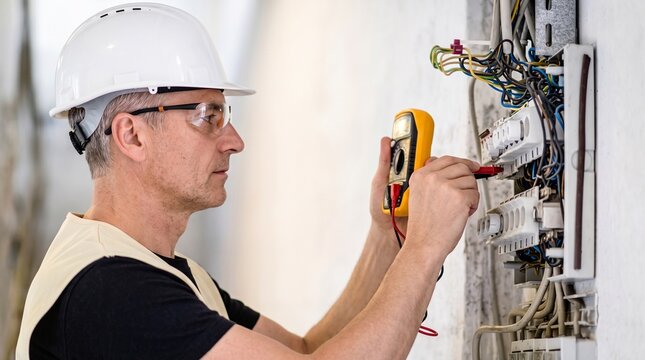 Professional Electrician Testing Residential Electrical Panel with Digital Multimeter During Installation and Maintenance