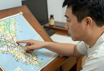 Naklejka premium Asian man pointing at a paper map, travel planning and navigation, route finding and destination search, close up