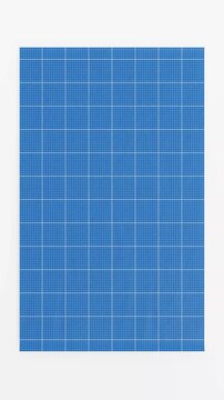 4k Resolution Vertical Video for Social Media: Blueprint Paper Unrolling Animation Concept. Blue Grid Sheet Opens From Narrow Roll To Wide Flat Layout On Green Background With Alpha Matte