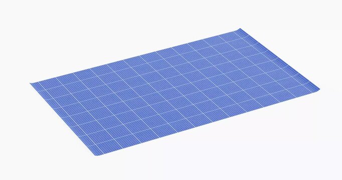 4k Resolution Video:  Architectural Planning Concept. Rolled Blue Blueprint Grid Sheet Paper Animated On White Background With Alpha Matte