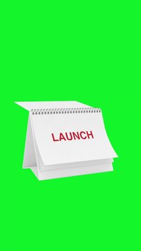 4k Resolution Vertical Video for Social Media: Product Launch Planning Animation Concept. Desk Calendar Pages Flip From Idea To Plan And Launch On Green Screen Chroma Key Background With Alpha Matte
