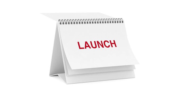 4k Resolution Video: Product Launch Planning Animation Concept. Desk Calendar Pages Flip From Idea To Plan And Launch On White Background With Alpha Matte