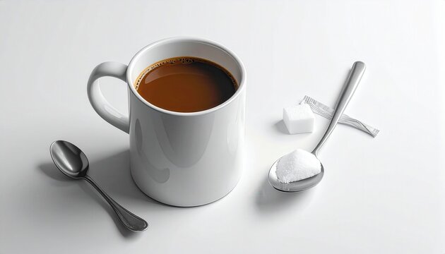 White ceramic coffee cup with spoons on light background.
