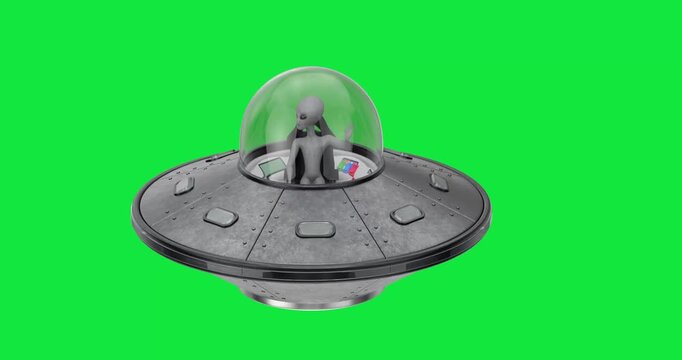 4k Resolution Video: Alien Encounter Concept. Gray Extraterrestrial Pilot Inside Metallic UFO Saucer With Glass Dome, Control Panels Animated On Green Screen Chroma Key Background With Alpha Matte