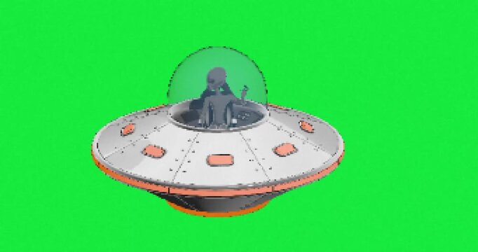 4k Resolution Video: Retro Pixel Sci-Fi Concept. Alien Pilot In Metallic UFO Saucer With Glass Dome And Green Chroma Key Background Animated In Old Computer Game Style