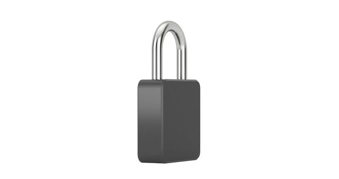 4k Resolution Video: Biometric Security Concept. Black Smart Padlock With Blue Fingerprint Scanner And Metallic Shackle Animated On White Background With Alpha Matte