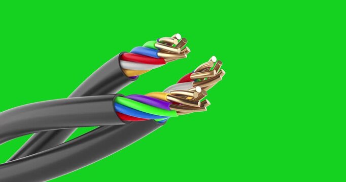 4k Resolution Video: Electrical Connection Concept. Cut Multicore Cables With Colorful Wires, Copper Conductors And Black Sheath Seamless Looped Rotating On Green Background With Alpha Matte