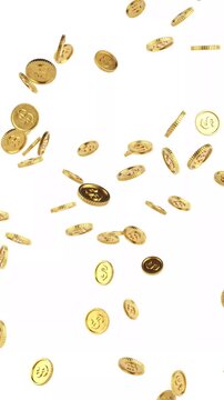 4k Resolution Vertical Video for Social Media: Money Rain Concept. Golden Dollar Coins Falling Animated On White Background With Alpha Matte