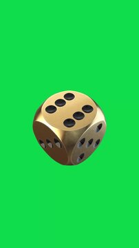 4k Resolution Vertical Video for Social Media: Luck And Risk Concept. Golden Dice With Black Pips For Casino, Gambling And Chance Themes Animated Floating On Green Background With Alpha Matte