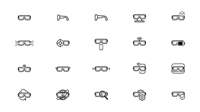 Collection of creative virtual reality and augmented reality glasses icons with various fun and functional designs