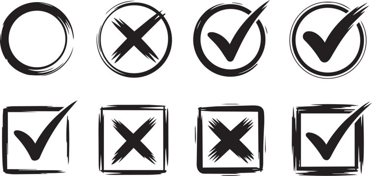 Hand drawn black marker check marks, blank and checked checkboxes. Handwritten grunge circle and square frames with tick and cross symbols, vote checkbox, sketch checklist marks vector set