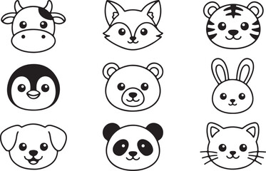 Naklejka premium Black and white outline set of cute animal head icons with character collection coloring domestic