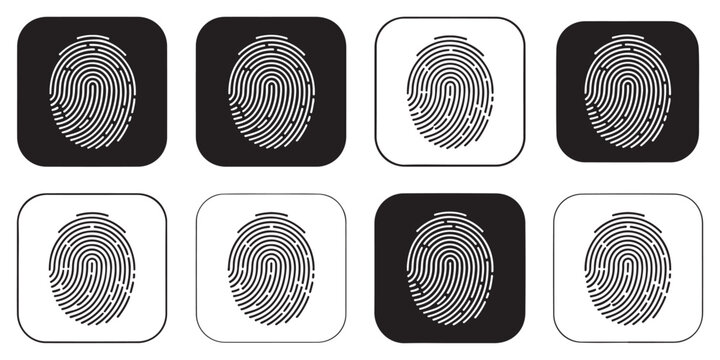 Set of black flat fingerprint icons. security, access, scan, privacy, protection symbols isolated on background.