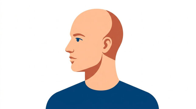 Side view of bald man with blue eyes in profile wearing navy shirt in minimalist style