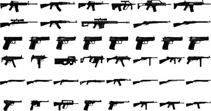 Black Silhouette Vector Collection of Rifles, Pistols, Shotguns, and Submachine Guns