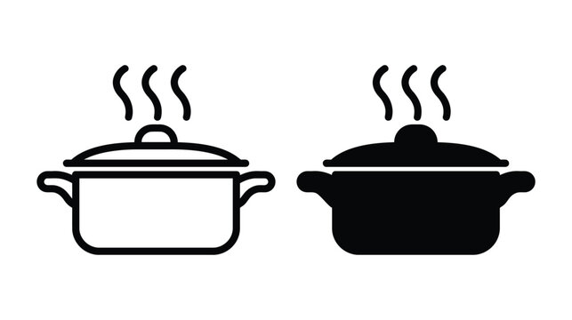 Pot cooking icon with steam rising from lid in simple black line style