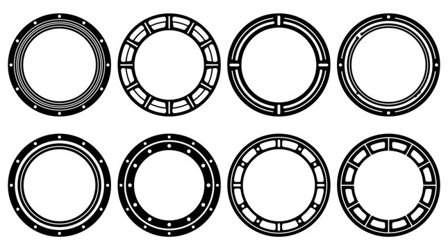 Set of eight round porthole frames in black outline style, nautical decorative elements for maritime design, flat circular borders with bolts