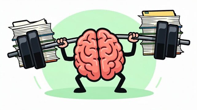 Brain character lifting heavy barbell with weights and files