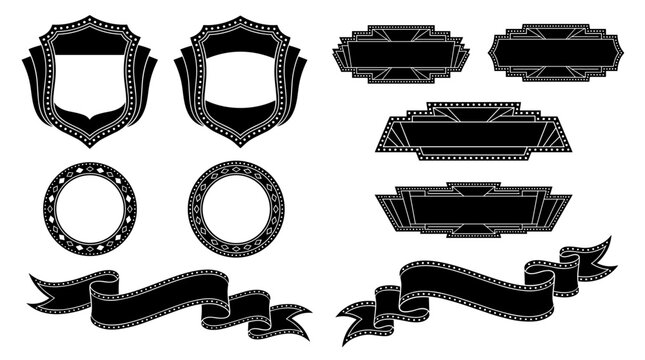 Set of black vintage frames, heraldic shields, decorative borders, and elegant ribbon scrolls for classic labels, invitations, emblems, branding