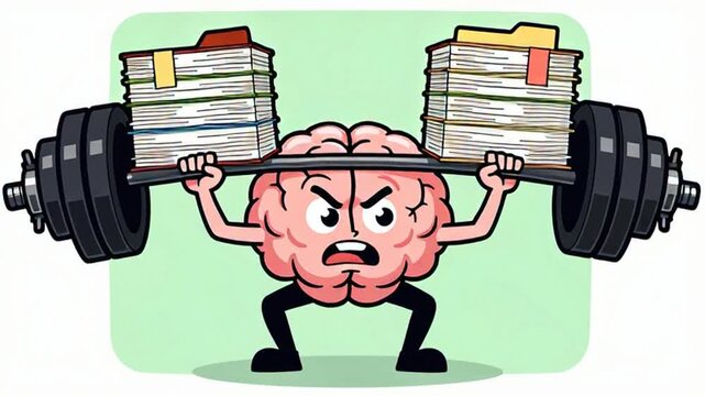 Cartoon brain character lifting heavy barbell with stacks of files