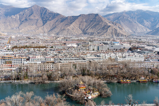 Lhasa Cityscape with Mountains and Temple Island, Tibet, China