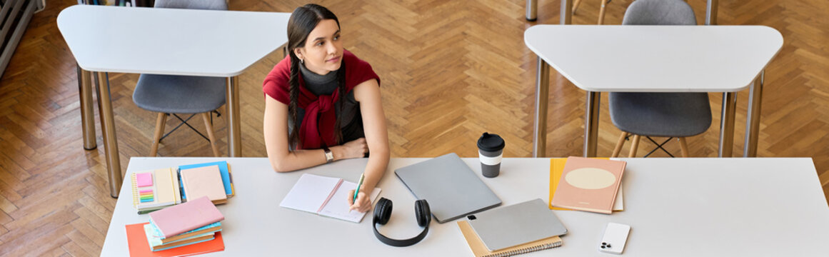 Focused college student studying in a vibrant library environment