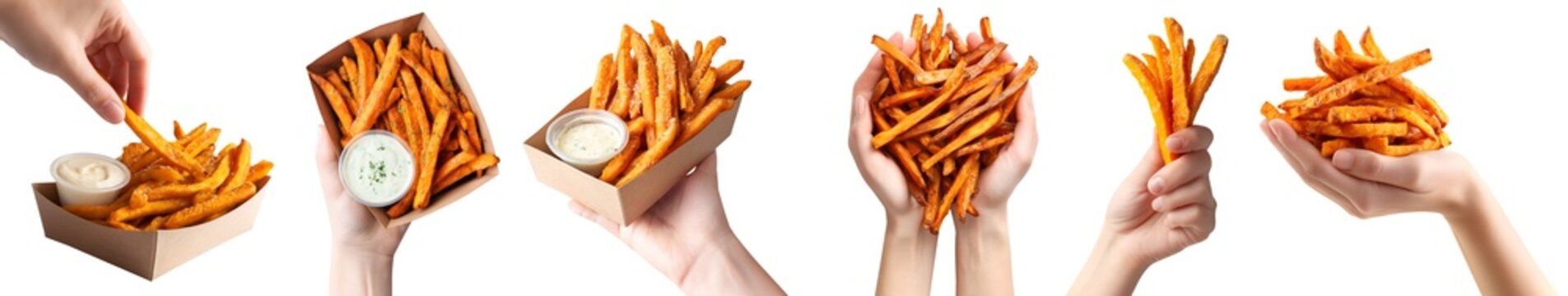 Set of hand holding pile stack group of fried baked sweet potato potatoes fries fry, takeout brown craft paper box with mayo sauce, transparent cutout PNG Mockup
