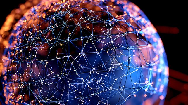 Abstract digital globe with glowing network lines and data connection points in space