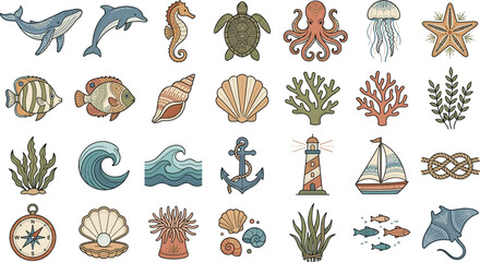 Fototapeta premium Boho Nautical Ocean Life Clipart Collection Featuring Ornamental Whale Turtle Shells Anchor Lighthouse and Sailboat Vectors for Retro Pattern and Textile Designs