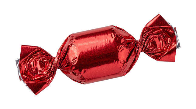 Red shiny metallic wrapped candy isolated on transparent background.